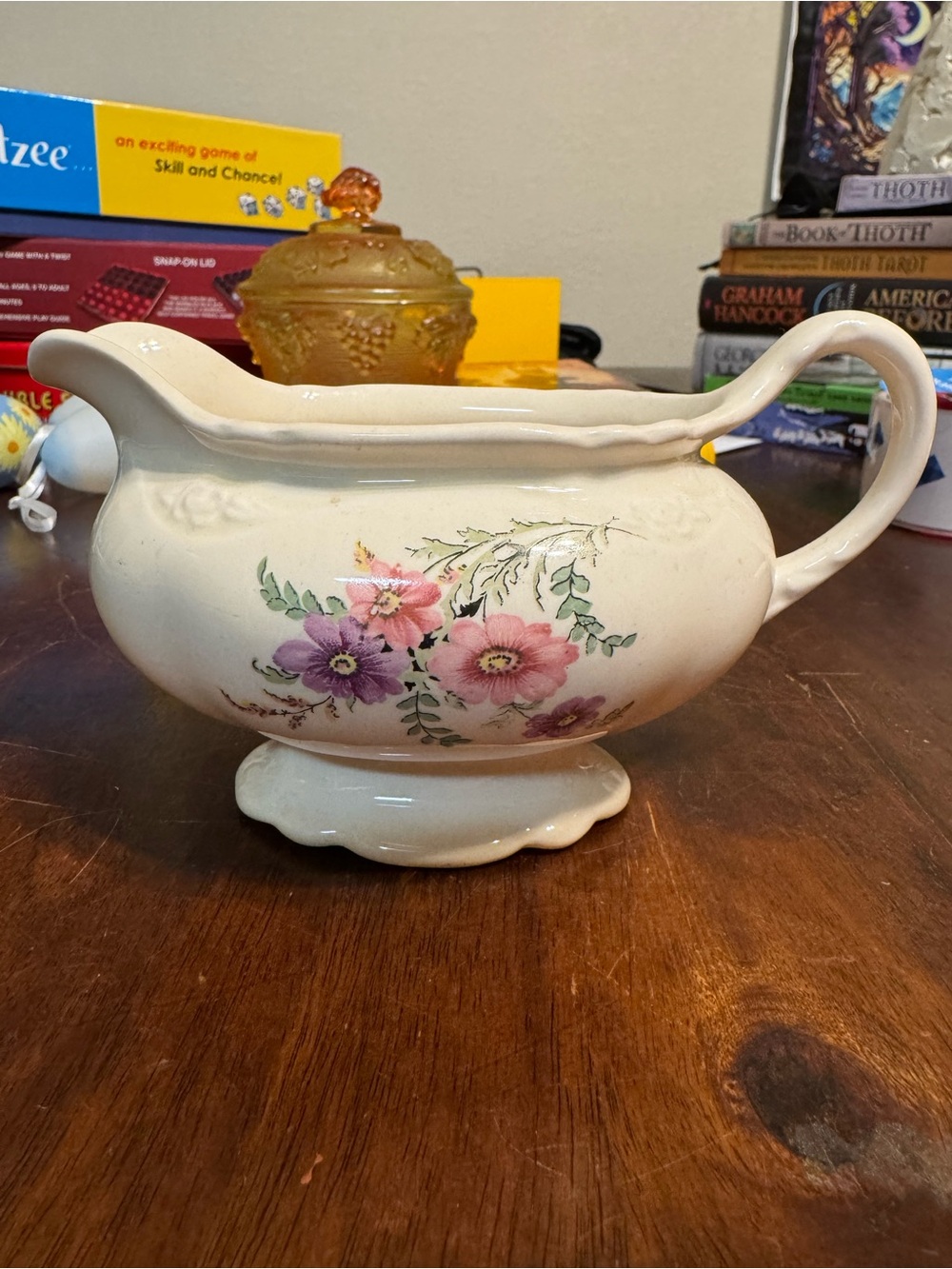 Homer Laughlin Cream Gravy Boat with Pink & Purple Floral Design